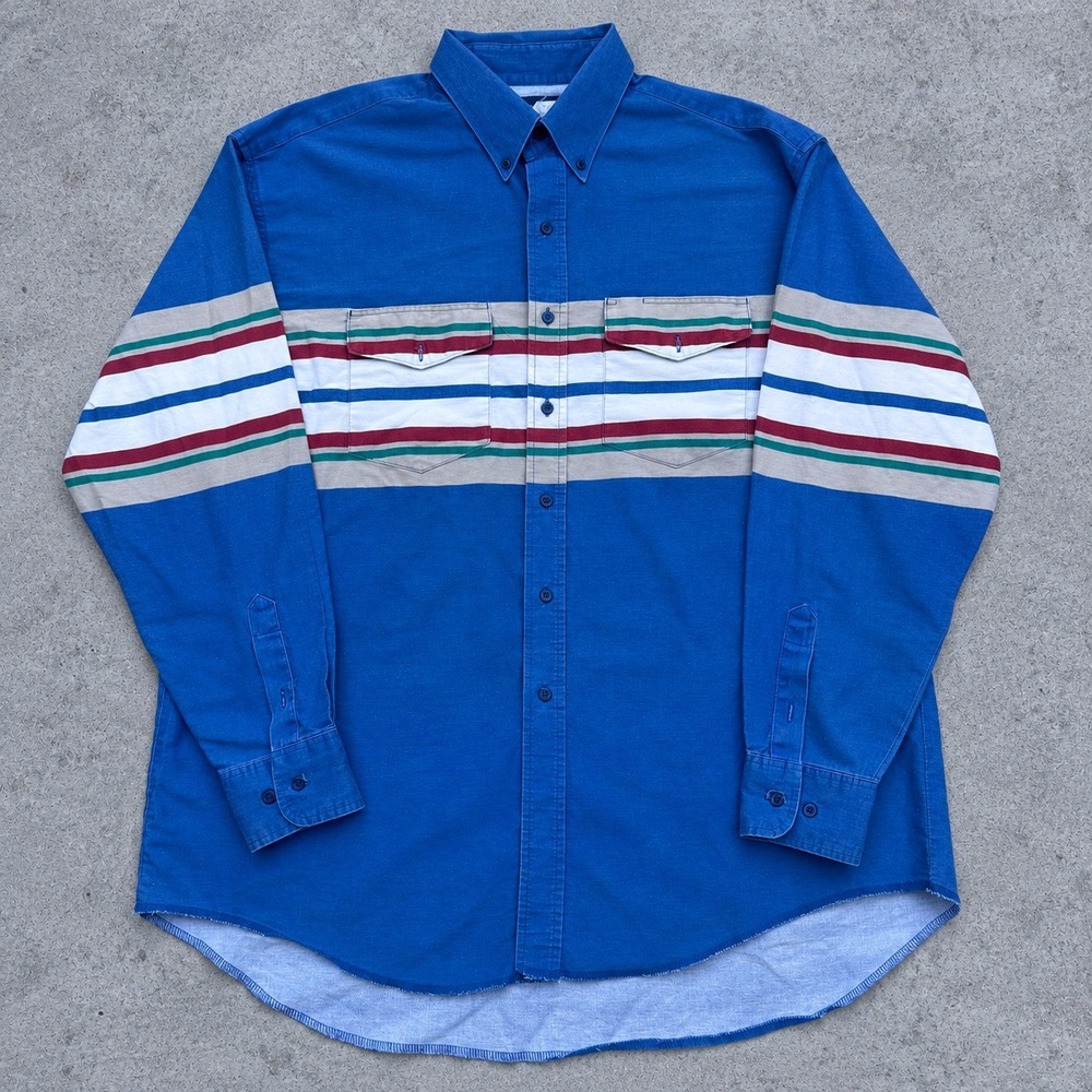 Wrangler Western Striped Button Down Shirt Blue XXL Long Tails Brushpopper
